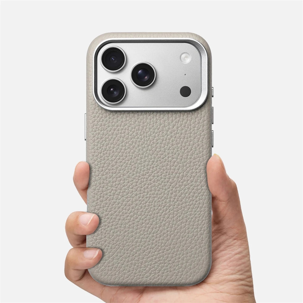 Luxury Business Lychee Texture Leather Shockproof Case For iPhone 17 Pro Max 16 15 14 13 For MagSafe Magnetic Alloy Lens Cover