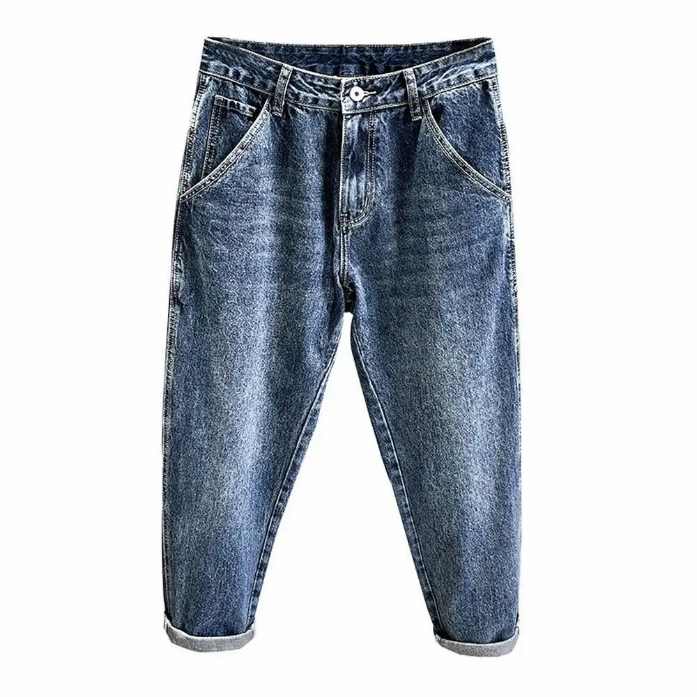 Korean Vintage Loose Tapered Men's Jeans Fashion High Street Drape Harem Pants Youth Hip Hop Streetwear Male Blue Denim Trousers