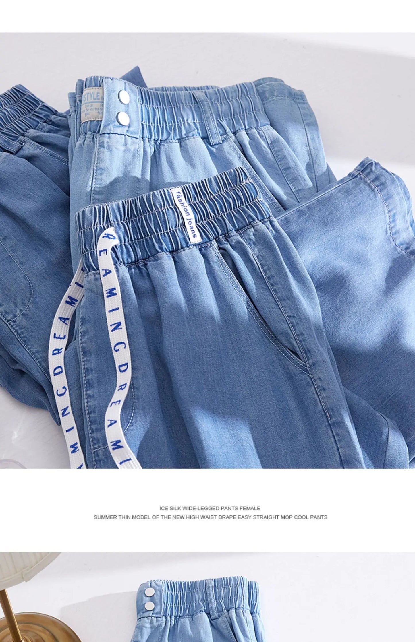 Plus Size Loose Fit Ice Silk Jeans Casual Yoga Demin Pants Women's Summer Trendy Brand Thin Wide Leg Pants Feel Comfortable