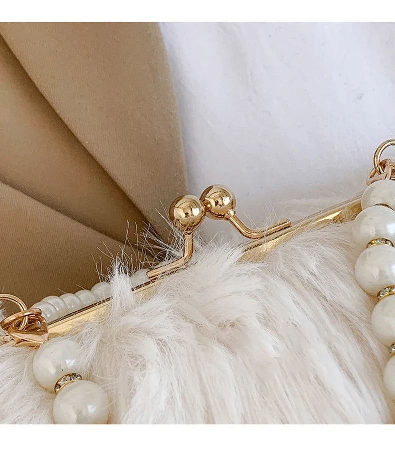 Luxury Faux Fur Evening Bag Pearl Chain Trendy Long Tassel Plush Shoulder Bag Large Capacity Tote Wedding Handbag XA48ZZ