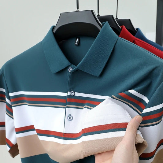 High quality fashion men's short sleeve polo shirt summer minimalist pocket design striped color blocking comfortable T-shirt