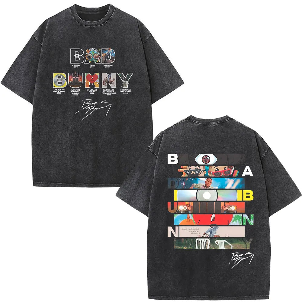 Rapper Bad Bunny Washed Vintage T-shirt Debi Tirar Mas Fotos DTMF World Tour T Shirts Men's Fashion Hip Hop T-shirts Streetwear
