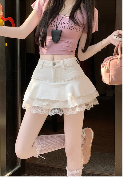 2025 Summer Mini Y2K Denim Skirt Women Fashion Streetwear Ruffles Kawaii Lace Skirts Shorts Preppy School Pleated Jeans Skirt