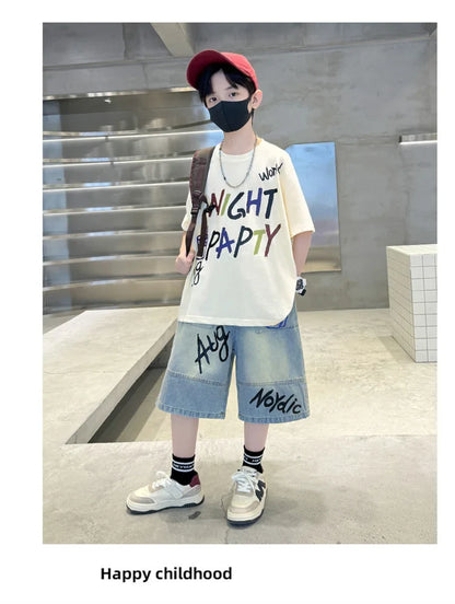 Luxurious Boys Set Summer Outfit Suit Age 5 6 7 8 9 10 11 12 13 14 Years Child Clothing Set Kids Letter T-shirt and Denim Shorts