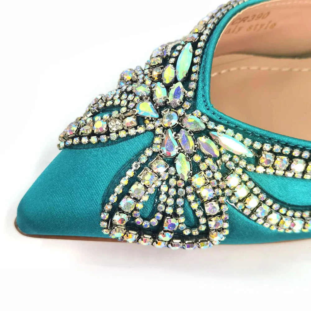 New Elegant Green Bling Bow Pointed Toe Pumps for Women 2024 Party italian Rhinestones shoes and bags matching set