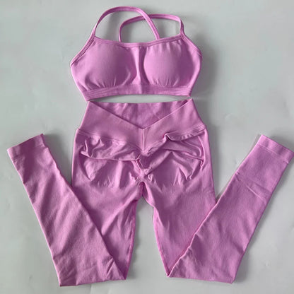 2 Pieces Gym Set For Women Clothes Seamless Scrunch Yoga Leggings Set Backless Sports Bra Fitness Workout Top Yoga Set Outfits