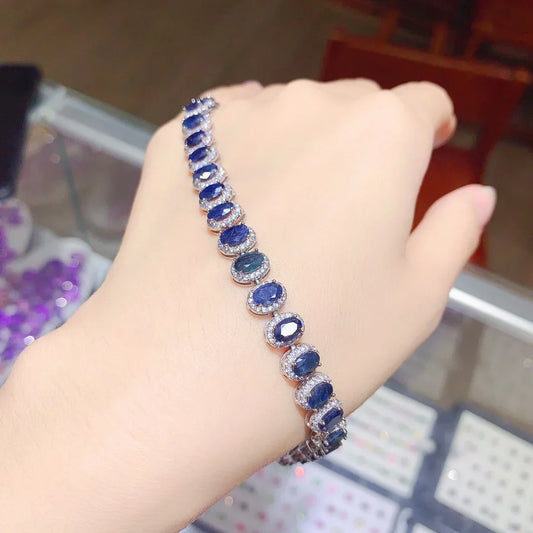 Bracelet Saphir Bleu Foncé Naturel 4X6MM Style Couronne pour Anniversaire Femme et Cérémonie avec Certificat YULEM