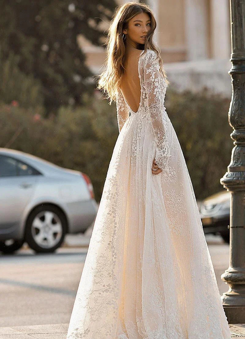 Sexy Deep V Neck Elegant 2027 Wedding Dresses Boho Backless 3D Flora Lace Appliques Beach Bridal Gown Custom Vestido De Novia