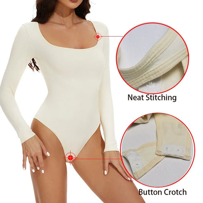 Open Crotch Big U Neck Seamless Bodysuit Long Sleeve Spandex Elastic Body Suit Shapewear Tummy Control Waist Shapers