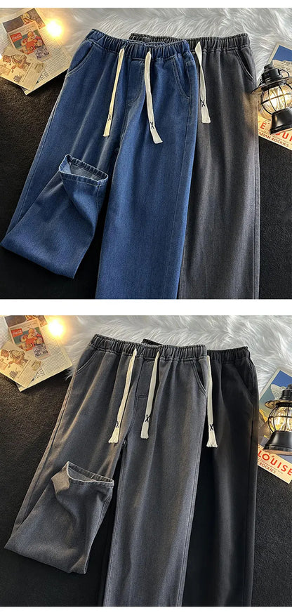 Casual Loose Straight Leg Men's Jeans Drawstring Elastic Waist Wide Leg Long Trousers High Street Fashion Denim Pants