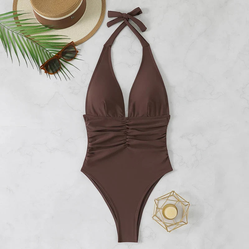 Halter Top Bathing Suit Woman Swimsuits One Piece Swimwear Women's  2026 Trend V Neck Beachwear Female Monokini Summer Bodysuit