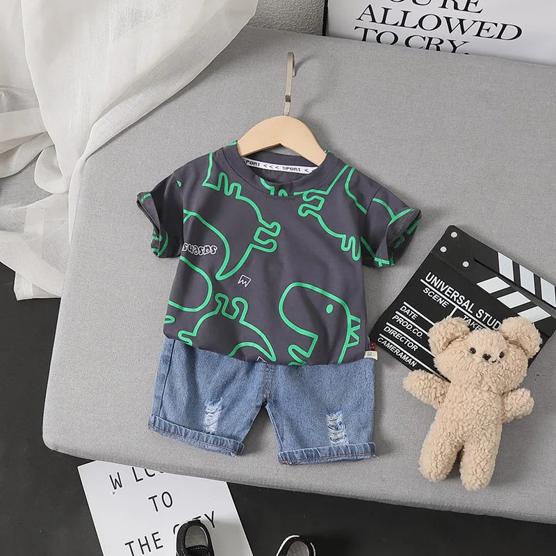 Boys Clothes Summer Fashion Crew Neck Children Tracksuit Dinosaur T-shirt Denim Shorts Suit Kids Outfit Baby Boys Set 1-5 Years