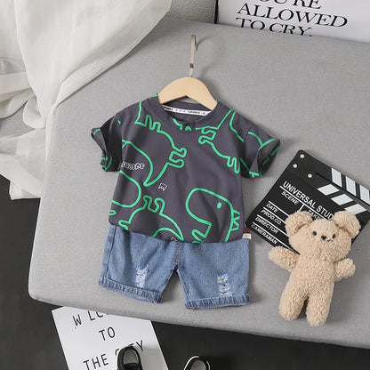 Boys Clothes Summer Fashion Crew Neck Children Tracksuit Dinosaur T-shirt Denim Shorts Suit Kids Outfit Baby Boys Set 1-5 Years