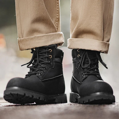 Men's Versatile Black Boots Plush Lining Warmth Shoes Retro Non-Slip Thick Sole Work Boots Outdoor Casual Mid-Calf Boots
