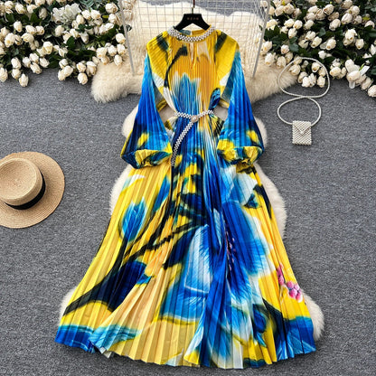 Ele High-End Women's Dr Faionable Beaded round Ne Hollow out Pleated Lantern Sve Waist Cinched Floral Print Lon...