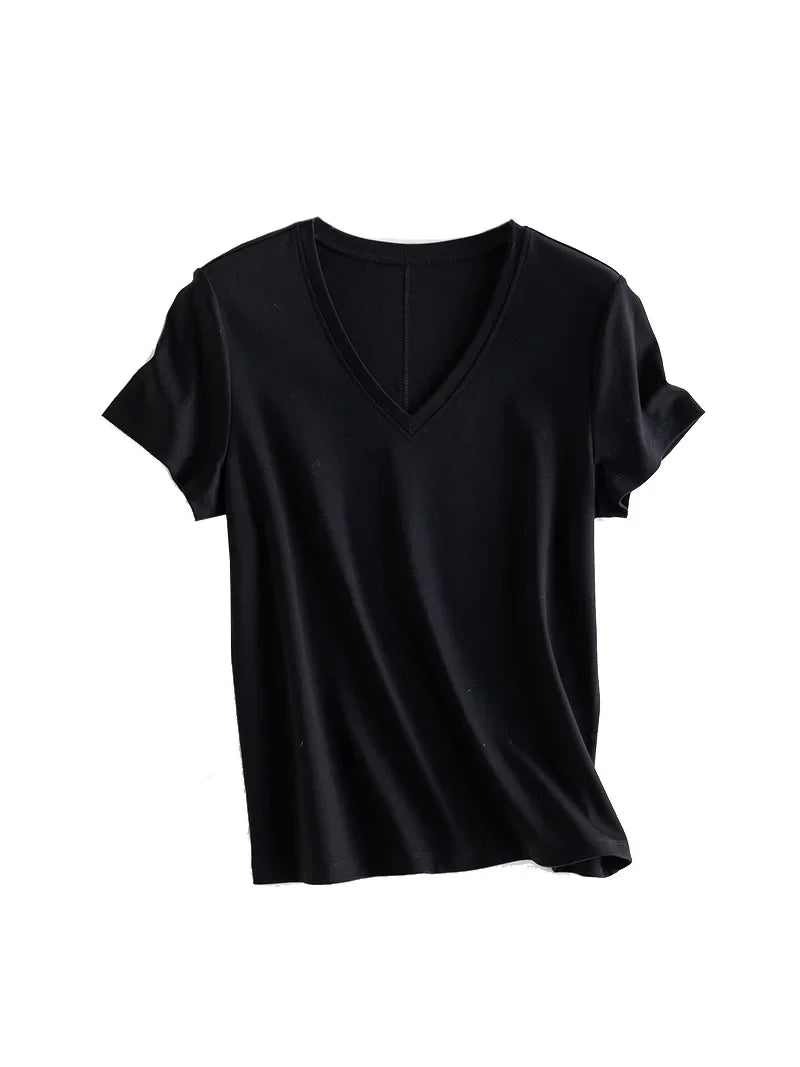 Women Solid T Shirt, Silk Cotton Blend, Square Collar, Short Sleeves Chic Shirt 2025 Spring Summer Cozy Top