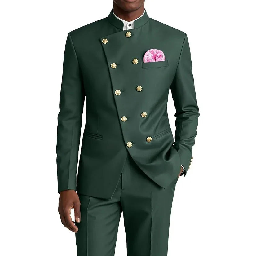 Men's Chinese Style Suit 2 Piece Brown Mandarin Collar Double Breasted With Gold Buttons Formal Jacket Pants For Business Weddin