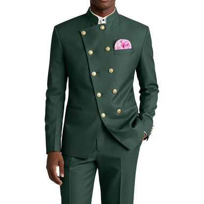 Men's Chinese Style Suit 2 Piece Brown Mandarin Collar Double Breasted With Gold Buttons Formal Jacket Pants For Business Weddin