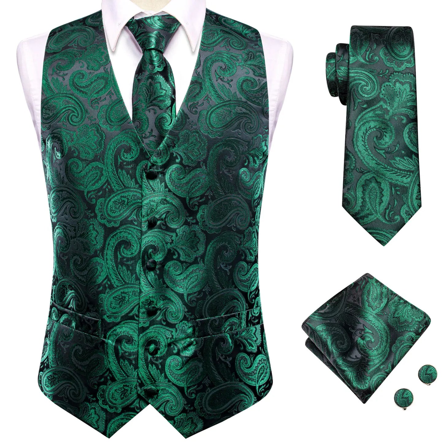 Silk Mens Vests Sleeveless Waist Jacket Jacquard Black Orange Floral Waistcoat Tie Hanky Cufflinks Set for Men Casual XXL
