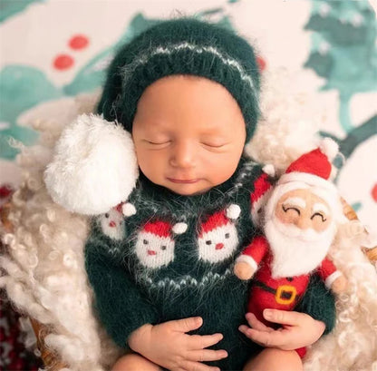 Christmas Baby Clothing Newborn Boy Girl Photography Santa Claus Costumes Sets Green Knitted Romper Stockings Hat 3pcs for Xmas