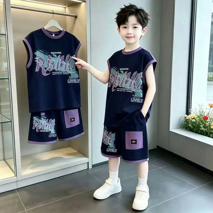 Boys Summer 2-Piece Set Casual Sports Wear Printed T-Shirt Sleeveless Tank Top Shorts Trendy Basketball Outfit
