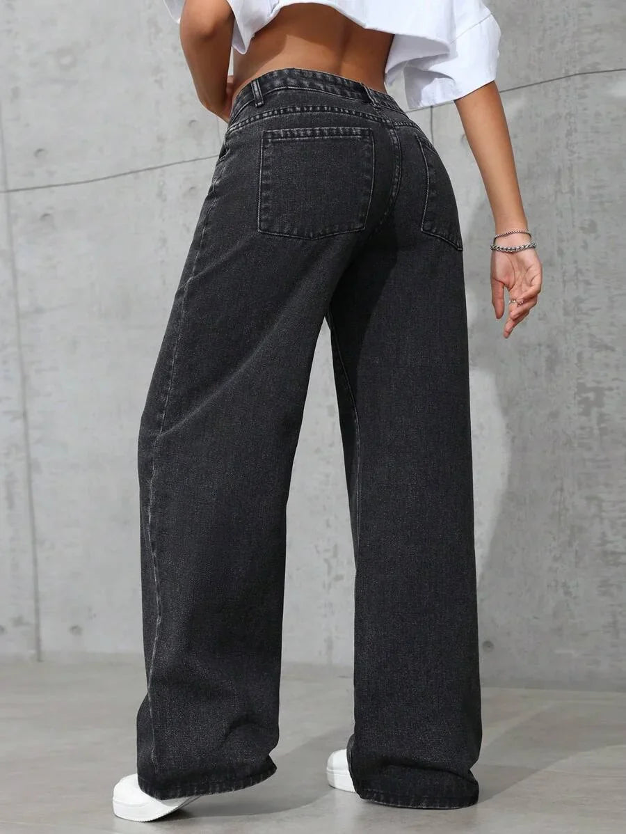 Plus Size Women's Wide Leg Jeans Washed Elastic Casual Loose Fit Ladies Denim Pants Comfortable Stretchy Trousers