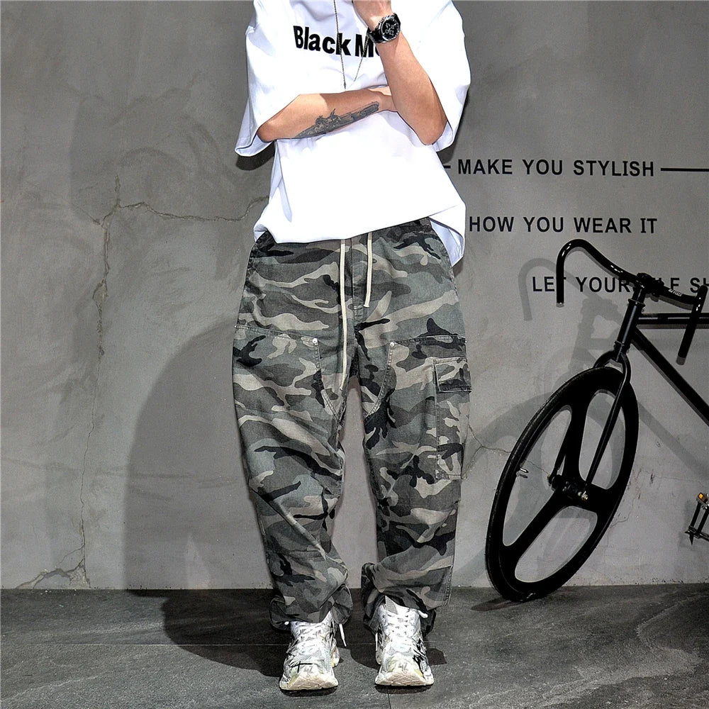 Mens American Tactical Cargo Pants Premium Camo Baggy Loose Fit Vintage Streetwear Korean Style Trendy Workwear Khaki Pants Male