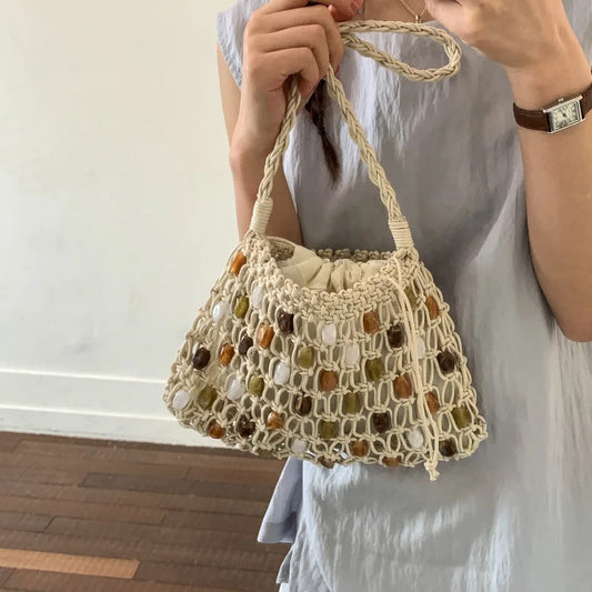 Hollow Beading Women Shoulder Bag Rope Knitting Handbags Bohemian Crochet Mesh Bags for Women Small Woven Beach Bag Flap Tote
