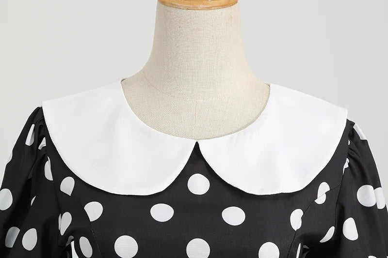 Elegant Women Summer Dress Puff Short Sleeve Polka Dot Peter pan Collar Vintage A-line Midi Long Party Sundress