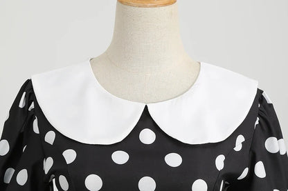 Elegant Women Summer Dress Puff Short Sleeve Polka Dot Peter pan Collar Vintage A-line Midi Long Party Sundress