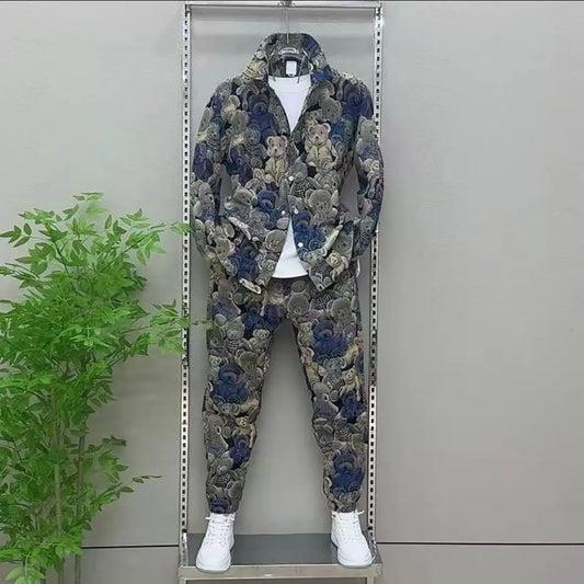 Spring Autumn Men's Sets Fashion Bear Printing Jacket  Trousers Two-Piece Leisure Sports Suit