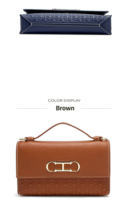 Premium Leather Handbag Monogram Embossing Metallic Clasp Portable Handle Structured Silhouette Ideal Office Evening Events