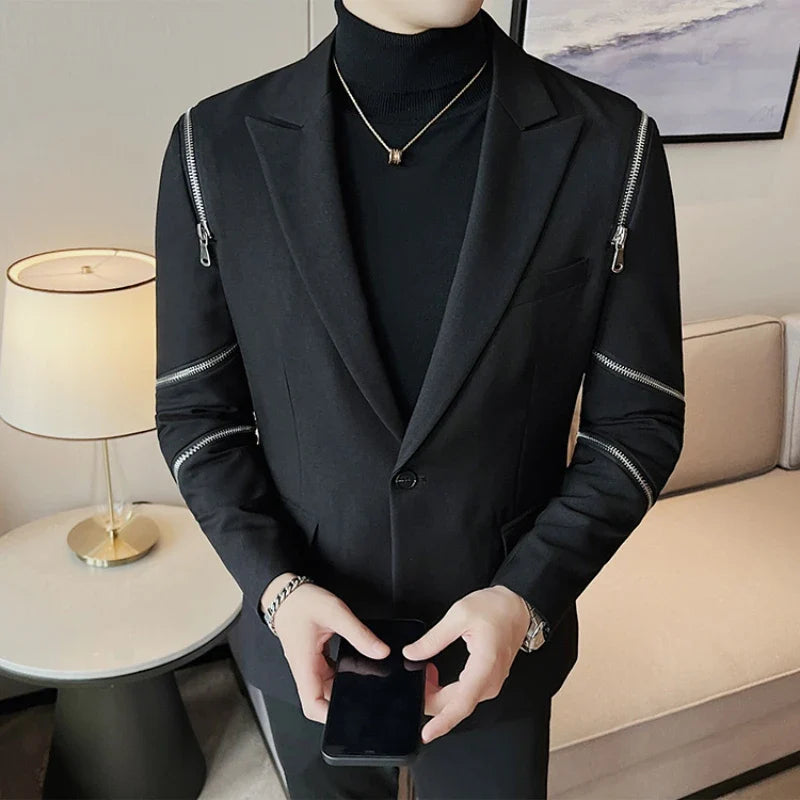 2024 Autumn New Zipper Decoration Blazer Men Casual Slim Fit Business Dress Coats Homme Formal Social Prom Tuxedo Men Clothing