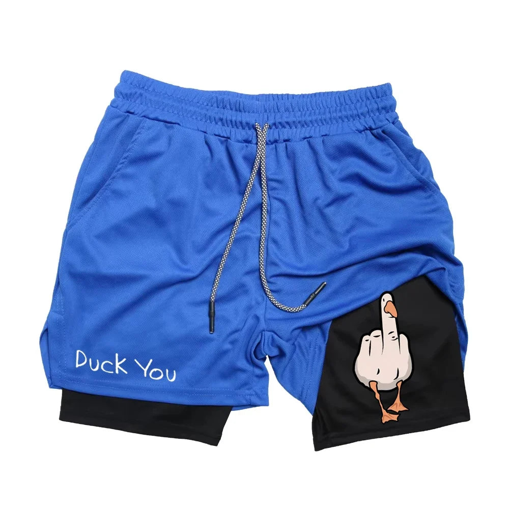 Cartoon Duck Print Men's Shorts Summer Double Layer Letter Print  Quick Drying Pants Fitness Tracksuit Beach Short Pants