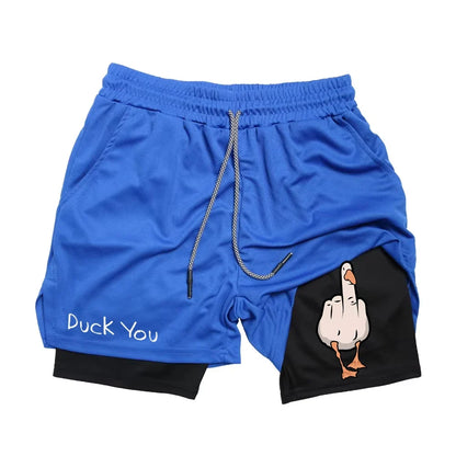 Cartoon Duck Print Men's Shorts Summer Double Layer Letter Print  Quick Drying Pants Fitness Tracksuit Beach Short Pants