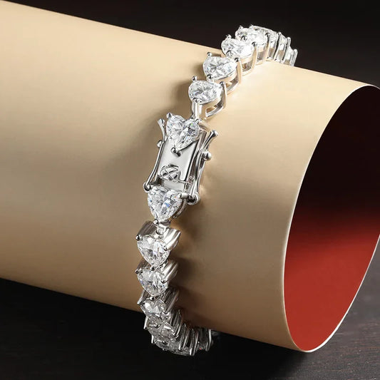 Bracelet de tennis en moissanite cœur DVVS1, placage or blanc 18 carats sur argent sterling 925, avec certificat GRA, pour femme