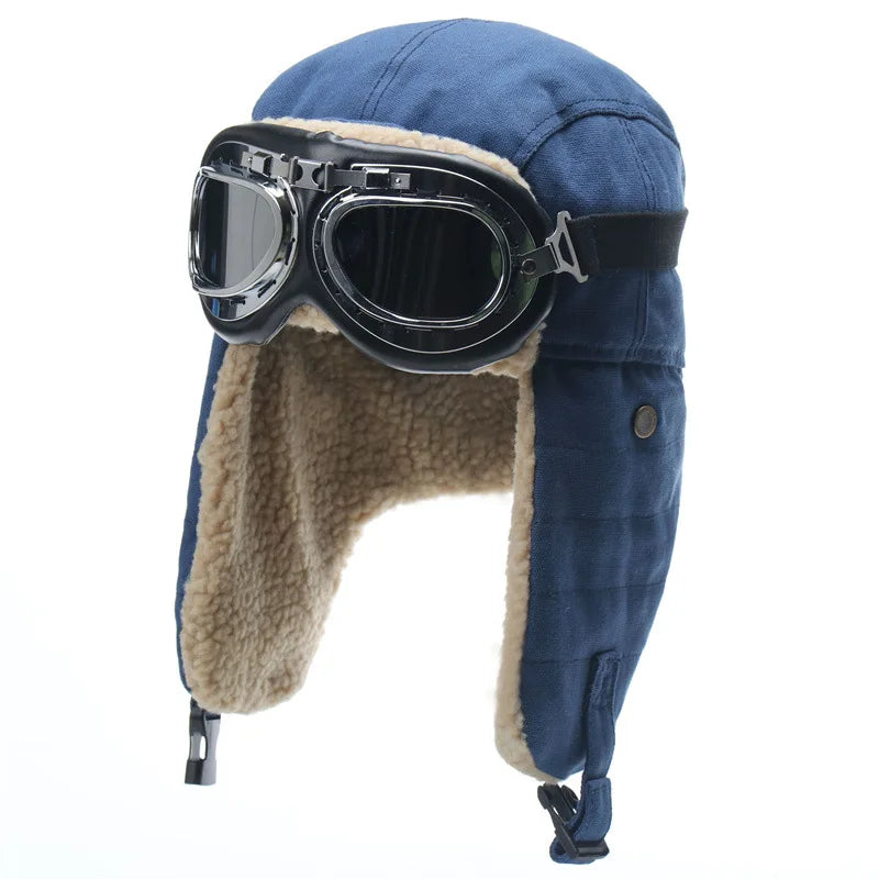 Army Military Ushanka Men&Women Windproof Winter Bomber Hats with Goggles Warm Lamb Wool Pilot Earflap Thermal Snow Cap