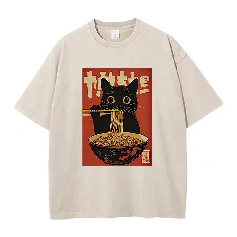 T Shirt Vintage Washed 100% Cotton T-Shirt Black Retro Cat Eating Ramen Graphic Tee Casual Streetwear for Spring Summer Fall