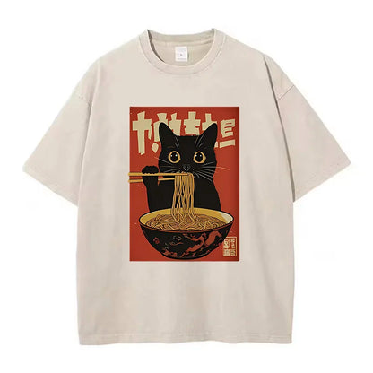 T Shirt Vintage Washed 100% Cotton T-Shirt Black Retro Cat Eating Ramen Graphic Tee Casual Streetwear for Spring Summer Fall