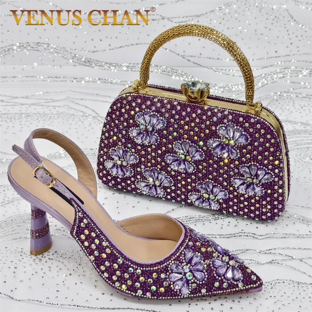 2025 Women's Purple High Heel Party Shoes & Rhinestone Handbag Set - Italian Design for Weddings & Special Occasions