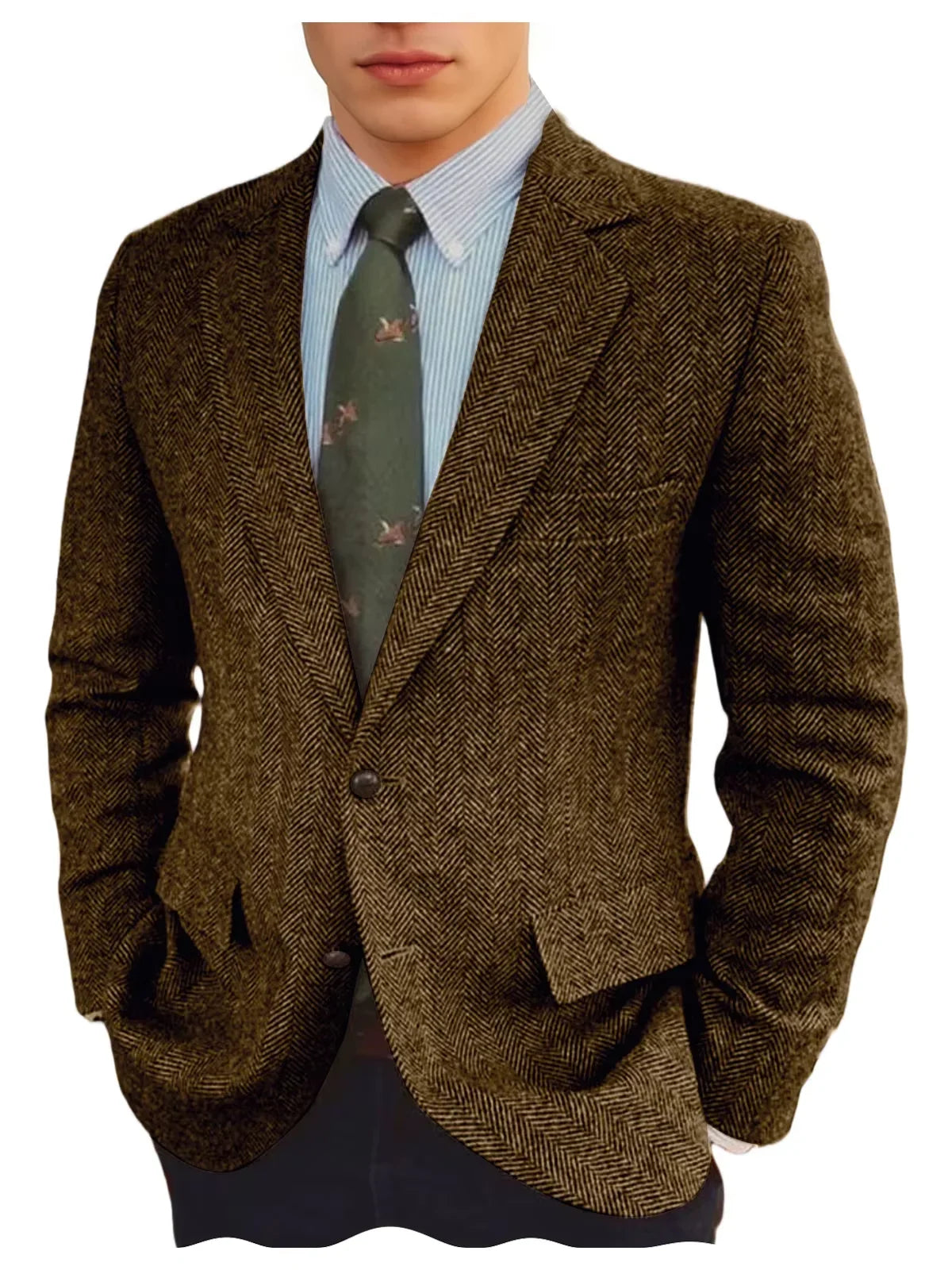 Men's Grey Herringbone Tweed Blazer Classic-Fit Notched Lapel Casual Jacket Slim Fit Business Wedding Suit Coat Plus Size