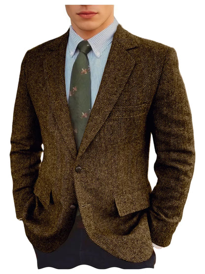 Men's Grey Herringbone Tweed Blazer Classic-Fit Notched Lapel Casual Jacket Slim Fit Business Wedding Suit Coat Plus Size