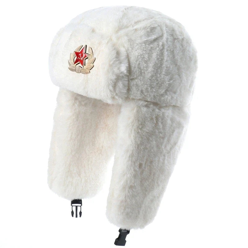 Winter Women Soviet Badge Bomber Hat Warm Faux Rabbit Fur Pilot Ushanka Windproof Thermal Earflap Hats For Men Ski Caps