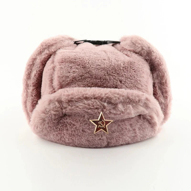 Soviet Army Military Badge Russia Ushanka Bomber Hats Pilot Trapper trooper Hat Winter Faux Rabbit Fur Earflap Men Snow Caps