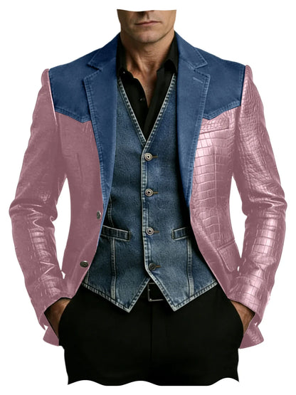 Men's Patchwork Denim & Crocodile Leather Blazer Two-Tone Western Style Suit Jacket Vintage Casual Fashion Coat