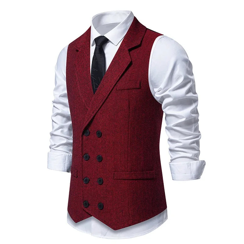 Waistcoat Man British Style Turn Down Collar Men Vest Slim Solid Double-breasted Sleeveless Versatile Male Suit Vest