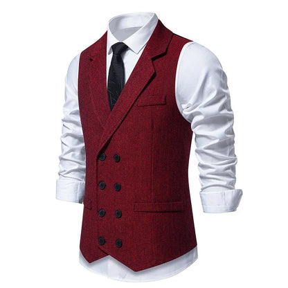 Waistcoat Man British Style Turn Down Collar Men Vest Slim Solid Double-breasted Sleeveless Versatile Male Suit Vest