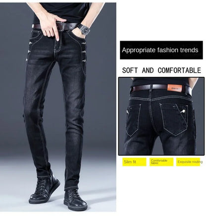 Stylish Black Luxury Men's Korean Streetwear Punk Fashion Comfortable Stretch Jeans Slim Fit Straight Leg Casual Denim Pants