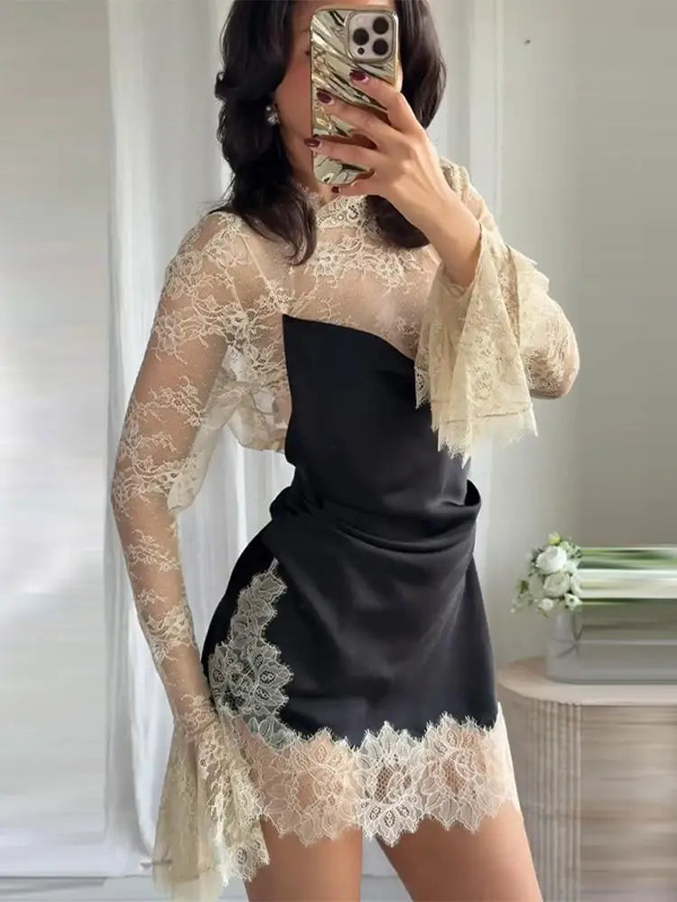 Elegant Lace Trim Satin Dress Women High Neck Color Block Full Sleeve Y2K Mini Dresses 2026 Spring Lady New Sexy Party Clubwear