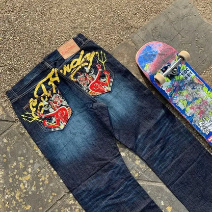 Mens Jeans Streetwear Y2K Vintage Straight Leg Denim Pants Skull Rose Flame Print Design Loose Fit Retro Punk Hip Hop Fashion